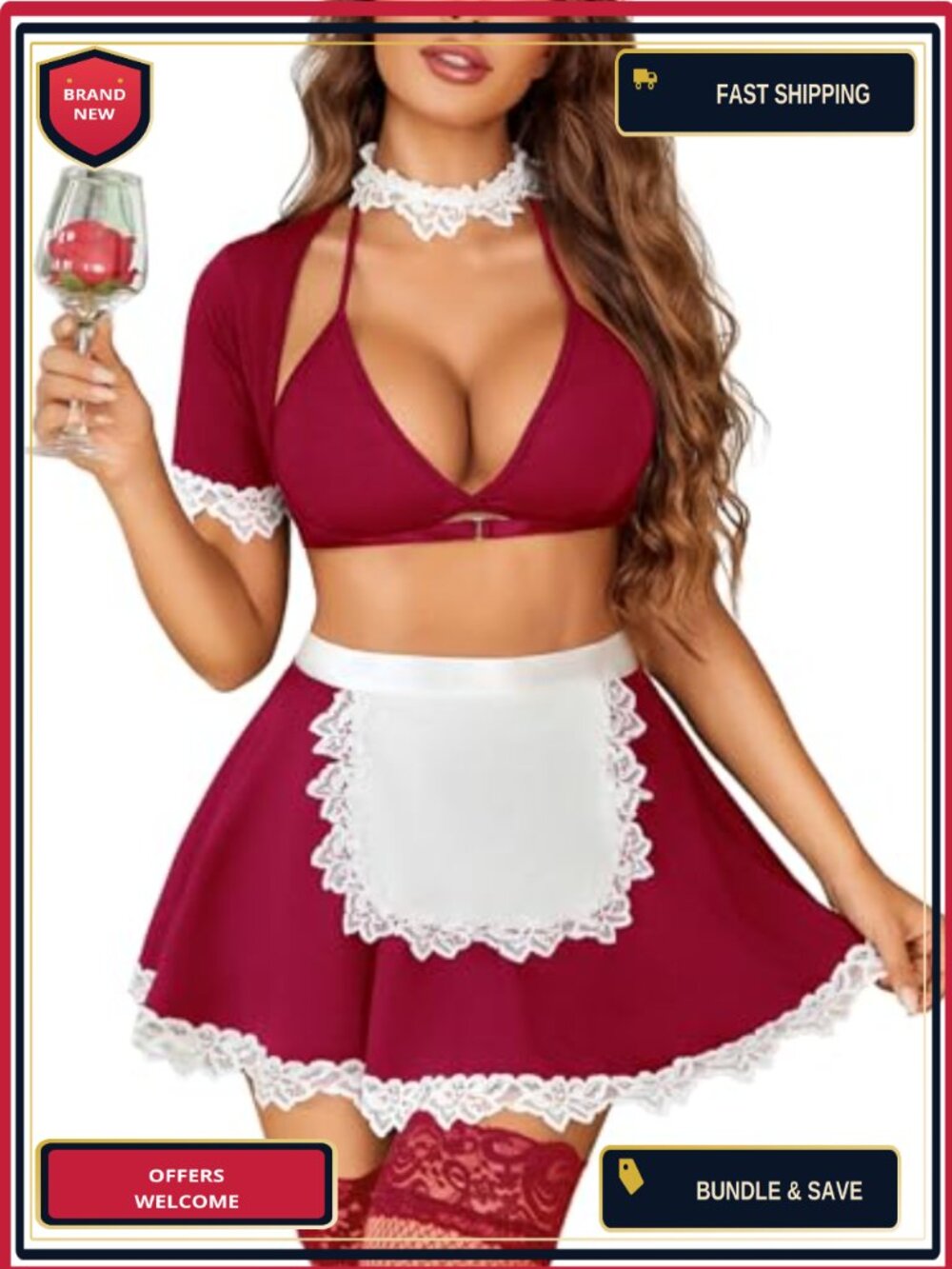 Lace Cosplay Lingerie Set 6 Pc Maid Outfit Costume